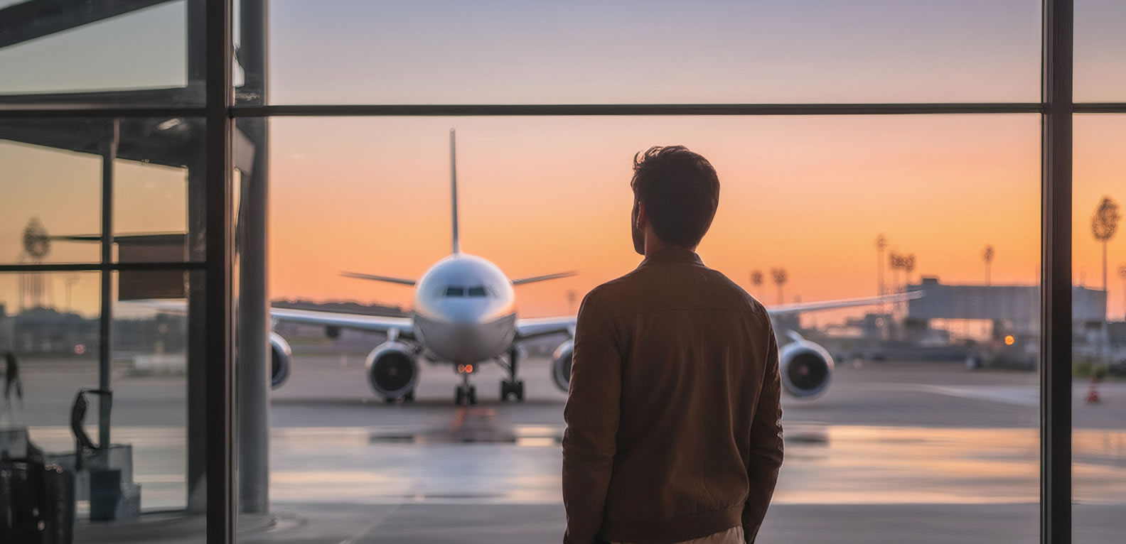 Persona observando un avión desde el interior de un aeropuerto